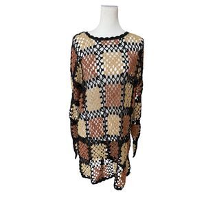 The Icing Brown and Black Y2K Granny Square Boho Open Knit Crochet Mini Dress M‎